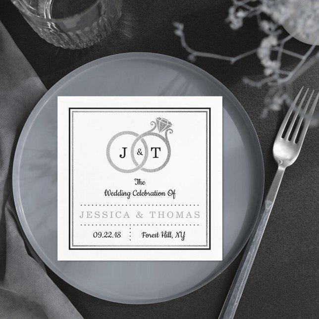 Chic Faux Silver Foil Monogram Wedding Rings Napkin (Creator Uploaded)