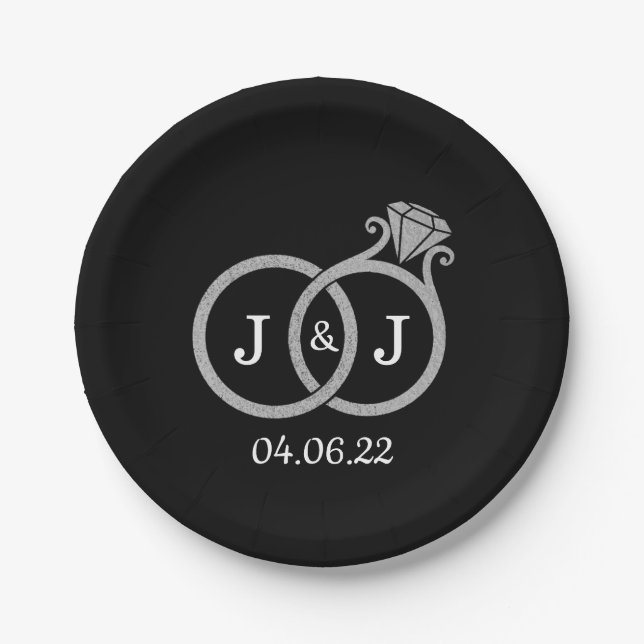 Chic Faux Silver Foil Monogram Wedding Rings Paper Plate (Front)