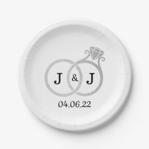 Chic Faux Silver Foil Monogram Wedding Rings Paper Plate