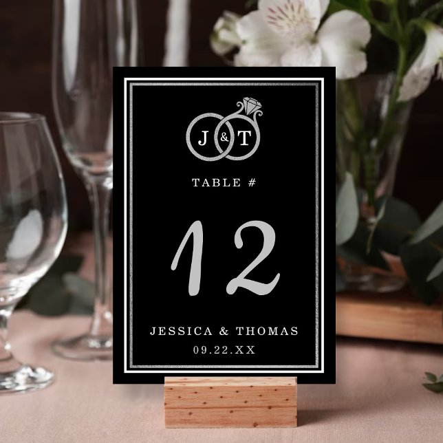 Chic Faux Silver Foil Monogram Wedding Rings Table Number (Creator Uploaded)