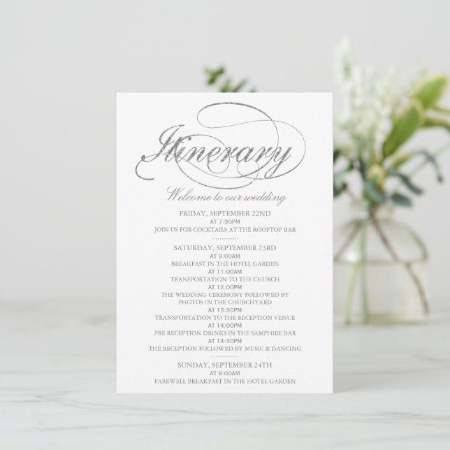 Chic Faux Silver Foil Wedding Itinerary Template (Standing Front)