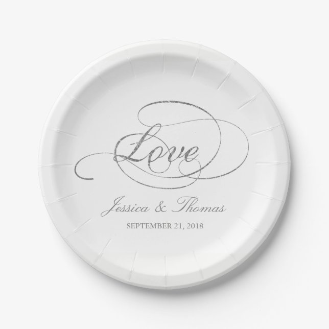 Chic Faux Silver Foil Wedding Reception Template Paper Plate (Front)