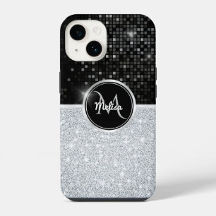 Chic faux Silver Glitter Black Glitter Monogram iPhone 14 Case