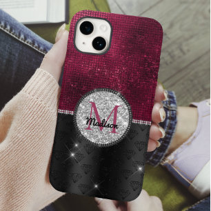 Chic faux Silver Glitter Burgundy Black monogram Case-Mate iPhone 14 Case