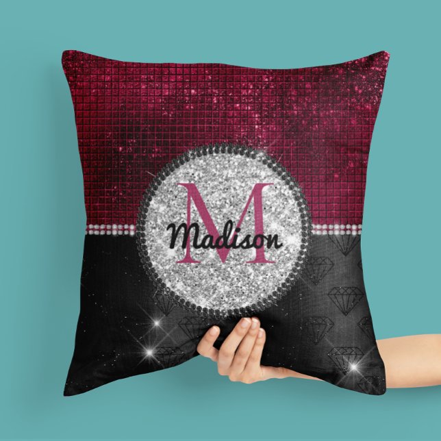Chic faux Silver Glitter Burgundy Black monogram Cushion (Creator Uploaded)