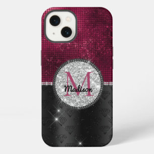 Chic faux Silver Glitter Burgundy Black monogram iPhone 13 Case