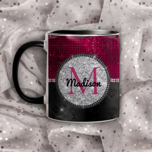 Chic faux Silver Glitter Burgundy Black monogram Mug (Creator Uploaded)