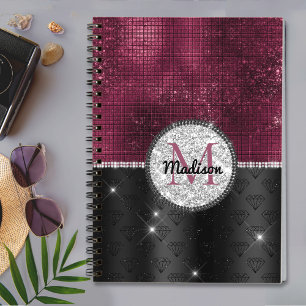 Chic faux Silver Glitter Burgundy Black monogram Notebook