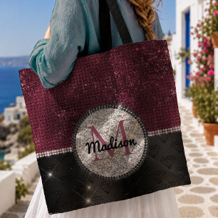 Chic faux Silver Glitter Burgundy Black monogram Tote Bag