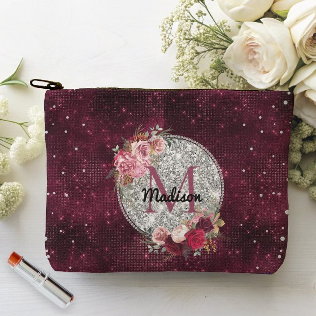 Chic faux Silver Glitter Burgundy Floral monogram Accessory Pouch (Creator Uploaded)