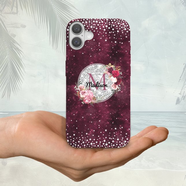 Chic faux Silver Glitter Burgundy Floral monogram Case-Mate iPhone Case (Creator Uploaded)