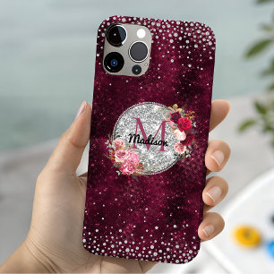 Chic faux Silver Glitter Burgundy Floral monogram iPhone 13 Case