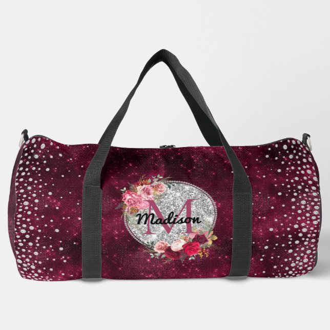 Chic faux Silver Glitter Burgundy Floral monogram Duffle Bag (Front)