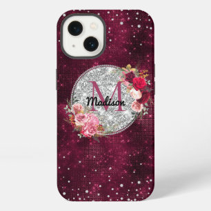 Chic faux Silver Glitter Burgundy Floral monogram iPhone 13 Case