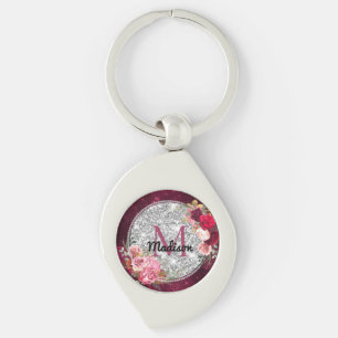 Chic faux Silver Glitter Burgundy Floral monogram Key Ring
