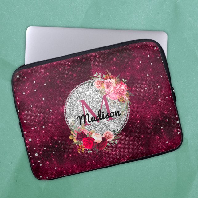 Chic faux Silver Glitter Burgundy Floral monogram Laptop Sleeve (Creator Uploaded)
