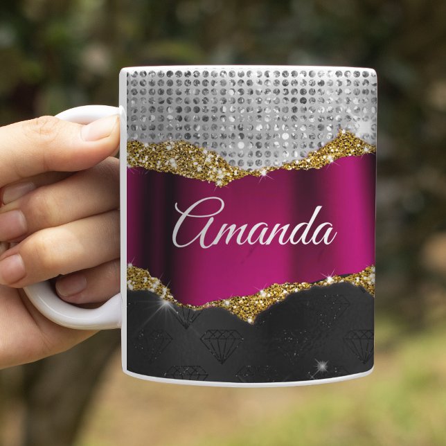 Chic faux silver glitter Fuchsia black monogram Coffee Mug (Creator Uploaded)