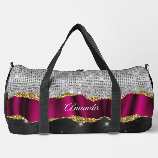 Chic faux silver glitter Fuchsia black monogram Duffle Bag (Front)