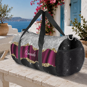 Chic faux silver glitter Fuchsia black monogram Duffle Bag