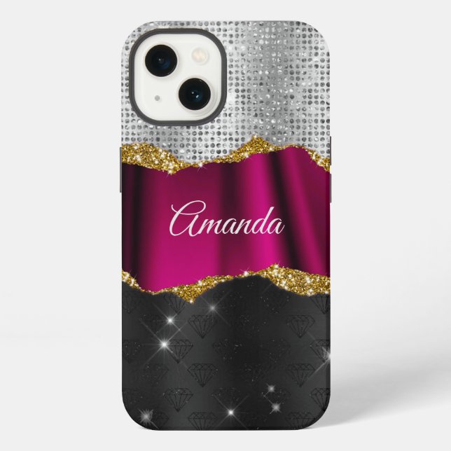 Chic faux silver glitter Fuchsia black monogram iPhone Case (Back)