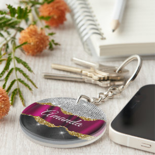 Chic faux silver glitter Fuchsia black monogram Key Ring