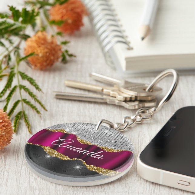 Chic faux silver glitter Fuchsia black monogram Key Ring (Front Right)
