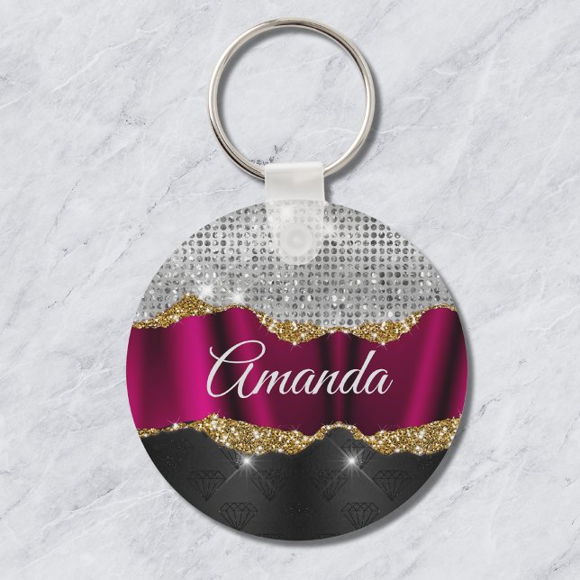 Chic faux silver glitter Fuchsia black monogram Key Ring (Creator Uploaded)