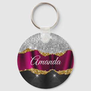 Chic faux silver glitter Fuchsia black monogram Key Ring