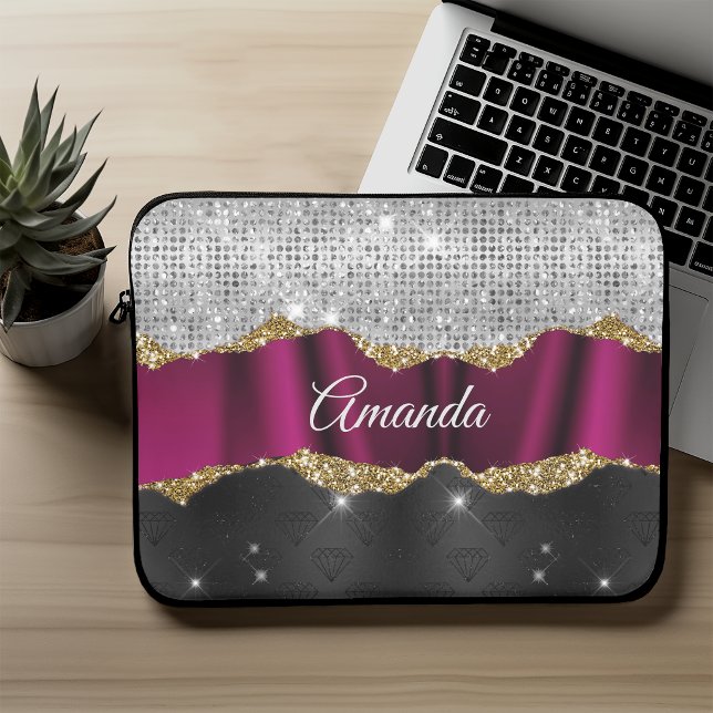 Chic faux silver glitter Fuchsia black monogram Laptop Sleeve (Creator Uploaded)