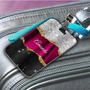 Chic faux silver glitter Fuchsia black monogram Luggage Tag