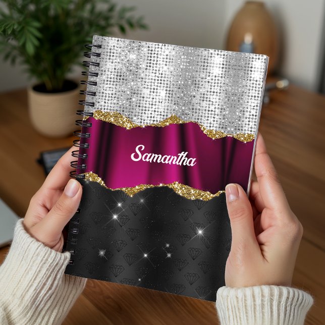 Chic faux silver glitter Fuchsia black monogram Notebook (Creator Uploaded)
