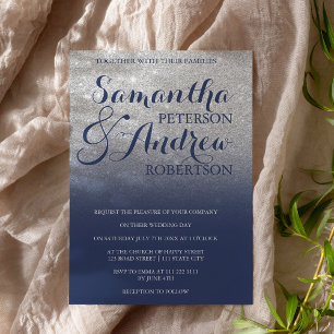 Chic faux silver glitter navy blue wedding invitation