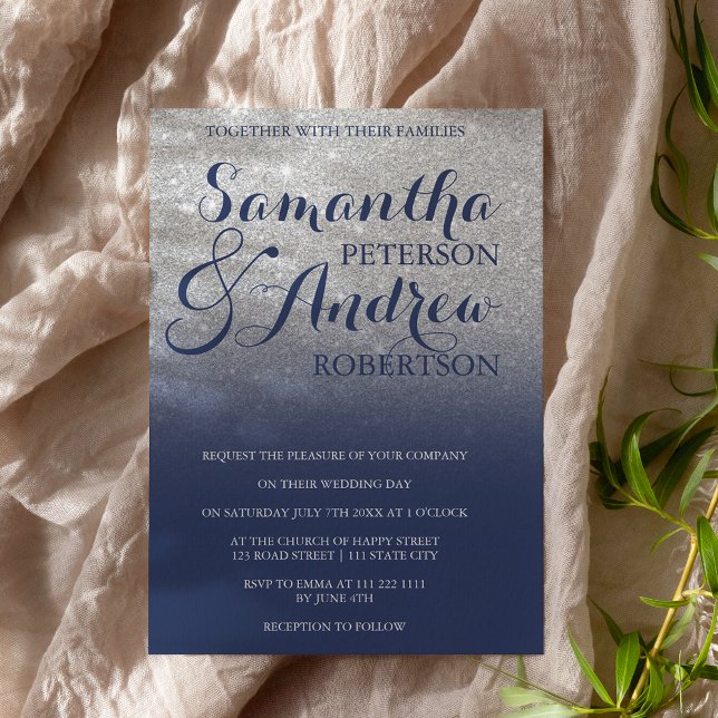 Chic faux silver glitter navy blue wedding invitation (Creator Uploaded)