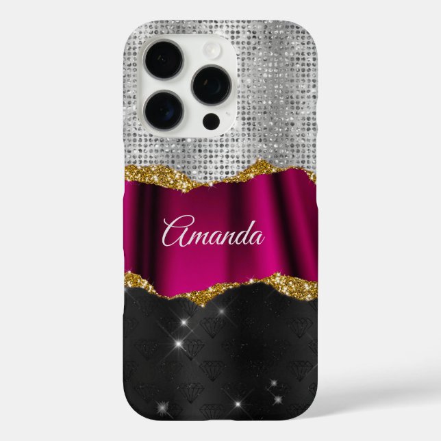 Chic faux silver glitter pink black monogram Case-Mate iPhone case (Back)