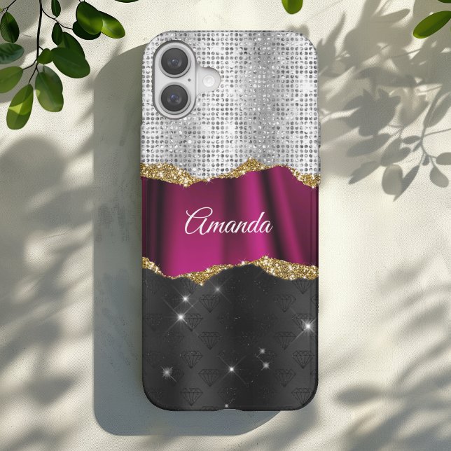 Chic faux silver glitter pink black monogram Case-Mate iPhone case (Creator Uploaded)