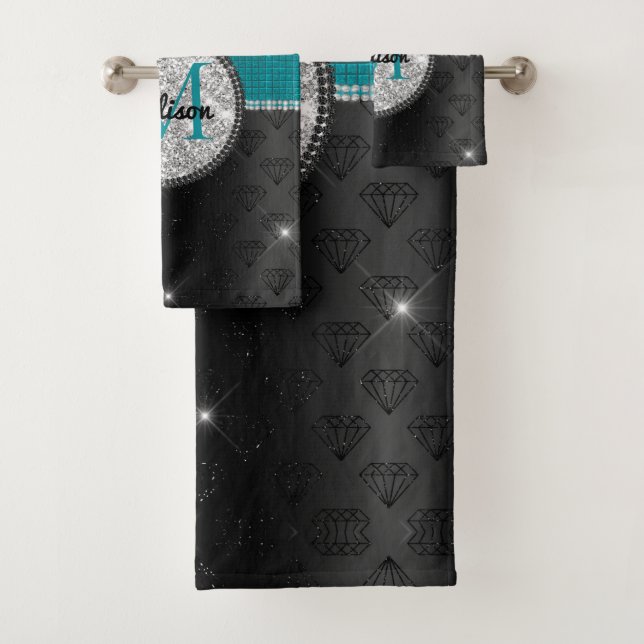 Chic faux Silver Glitter Turquoise Black monogram Bath Towel Set (Insitu)