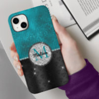 Chic faux Silver Glitter Turquoise Black monogram