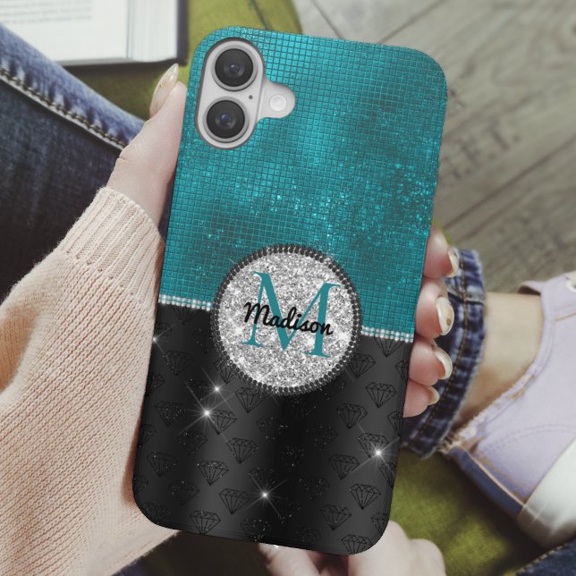 Chic faux Silver Glitter Turquoise Black monogram Case-Mate iPhone Case (Creator Uploaded)