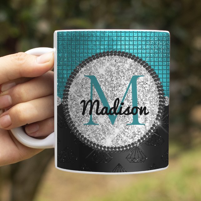 Chic faux Silver Glitter Turquoise Black monogram Coffee Mug (Creator Uploaded)