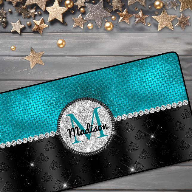 Chic faux Silver Glitter Turquoise Black monogram Desk Mat (Creator Uploaded)