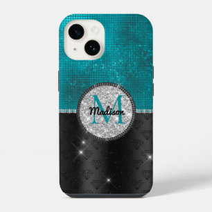 Chic faux Silver Glitter Turquoise Black monogram iPhone 14 Case