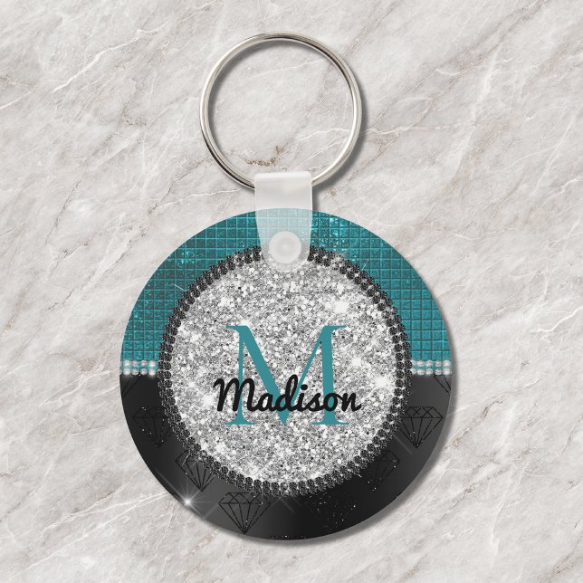 Chic faux Silver Glitter Turquoise Black monogram Key Ring (Creator Uploaded)