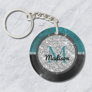 Chic faux Silver Glitter Turquoise Black monogram Key Ring