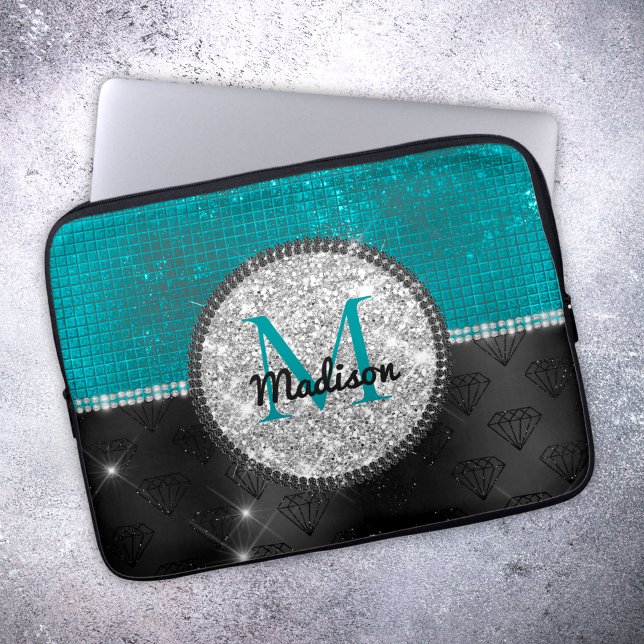 Chic faux Silver Glitter Turquoise Black monogram Laptop Sleeve (Creator Uploaded)