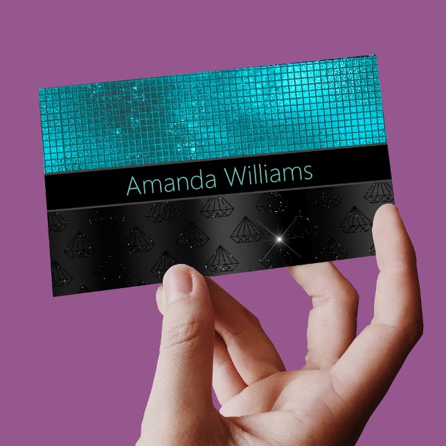 Chic faux Silver Glitter Turquoise Black monogram Magnetic Business Card (Creator Uploaded)