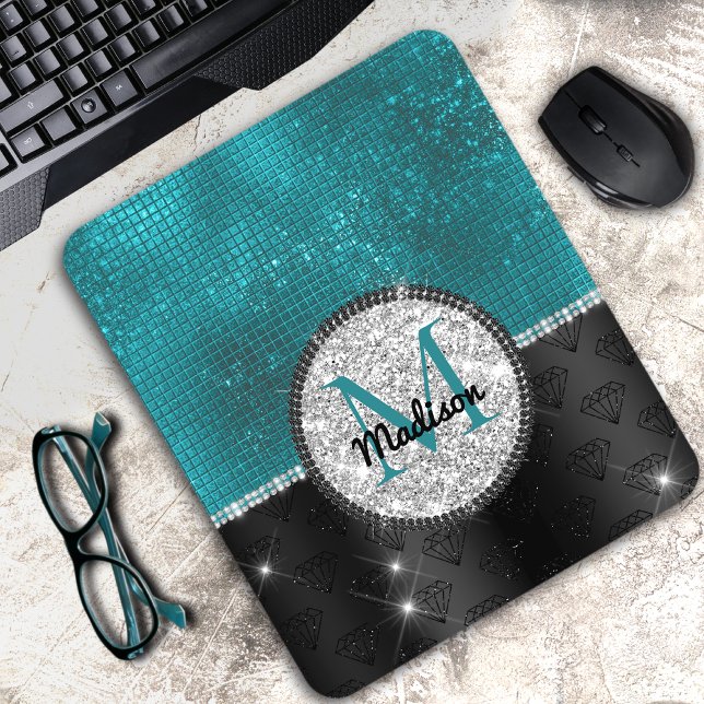 Chic faux Silver Glitter Turquoise Black monogram Mouse Pad (Creator Uploaded)