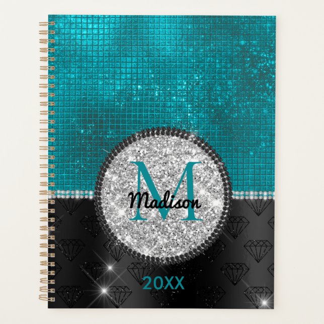 Chic faux Silver Glitter Turquoise Black monogram Planner (Front)