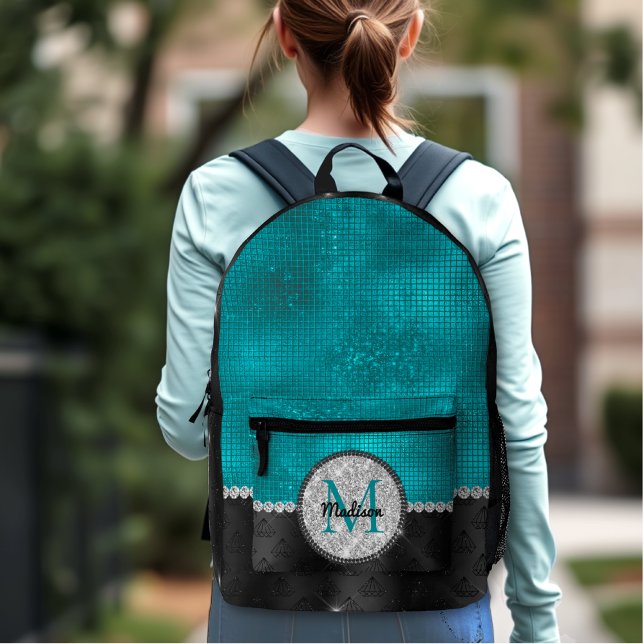 Chic faux Silver Glitter Turquoise Black monogram Printed Backpack (Creator Uploaded)