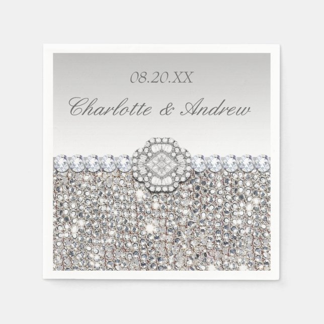 Chic Faux Silver Sequins Diamonds Wedding Napkin (Front)