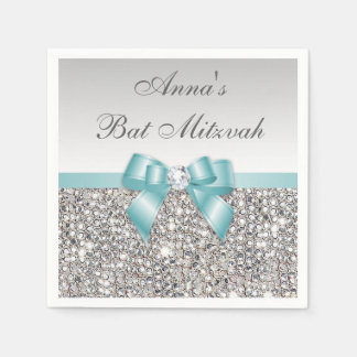Chic Faux Teal Bow Silver Sequins Bat Mitzvah Napkin